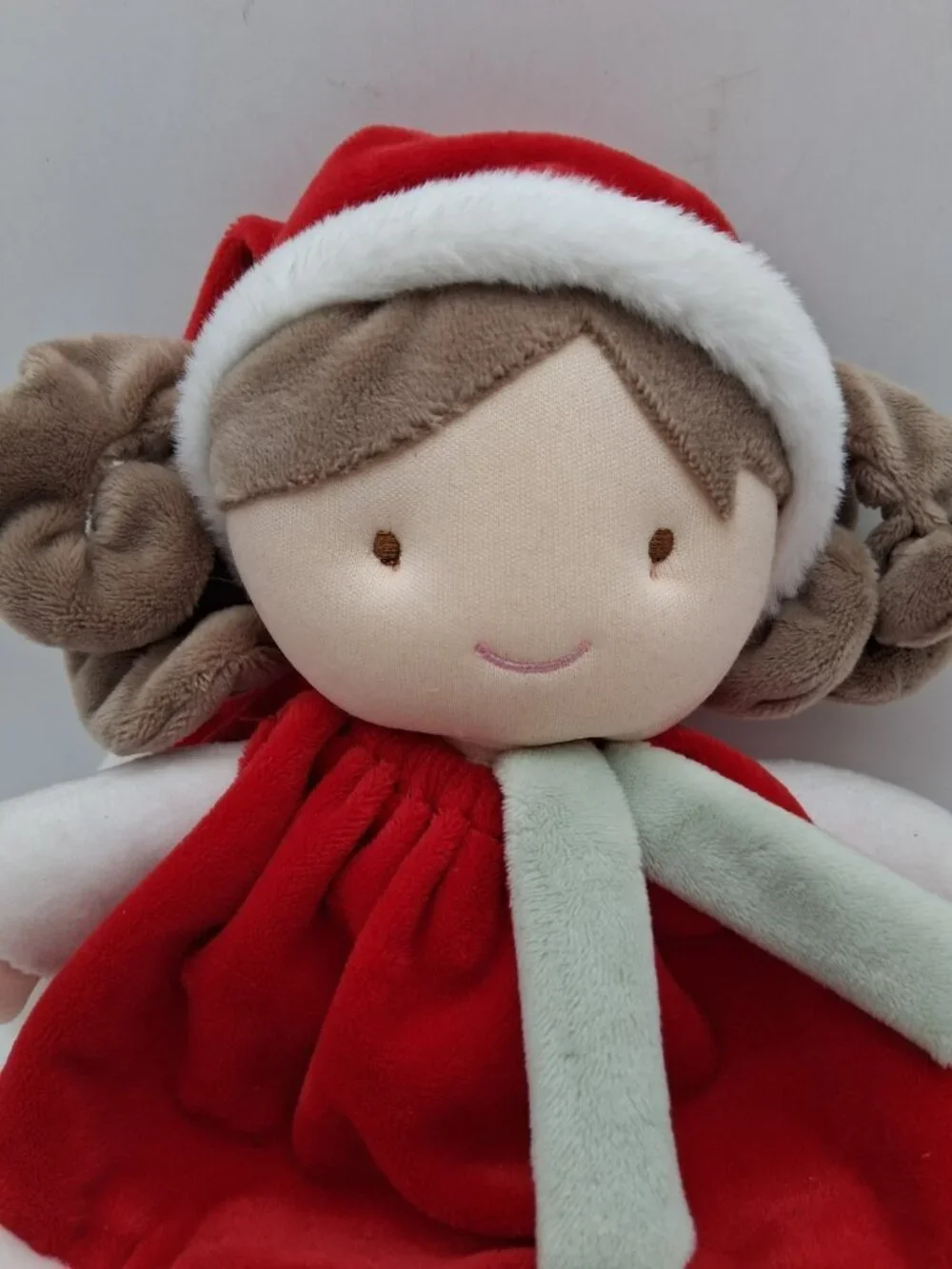 JoLiJou Paris Elf Pretty Red Doll 12” Curly Brunette Plush Red Santa Outfit